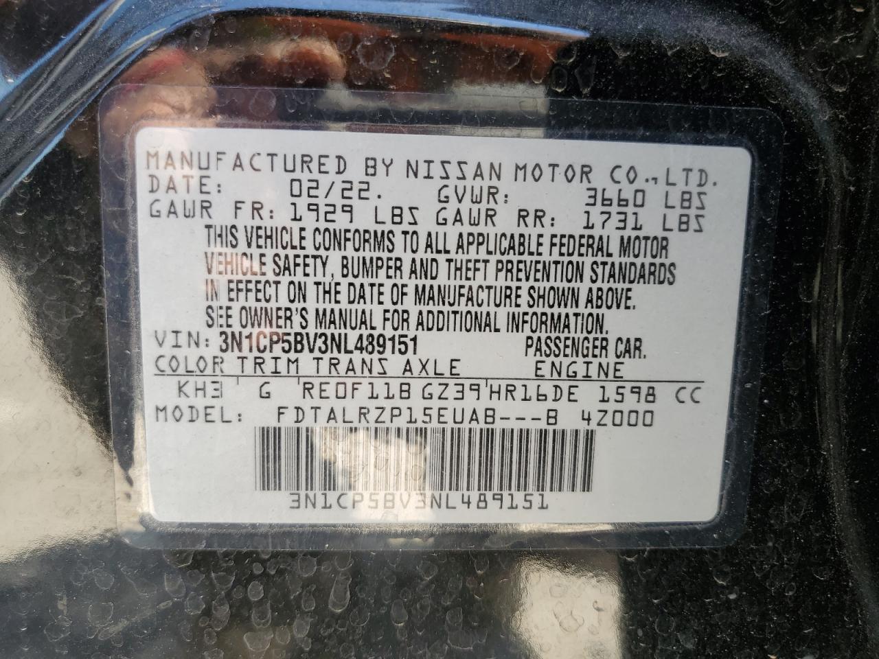 2022 NISSAN KICKS S VIN:3N1CP5BV3NL489151