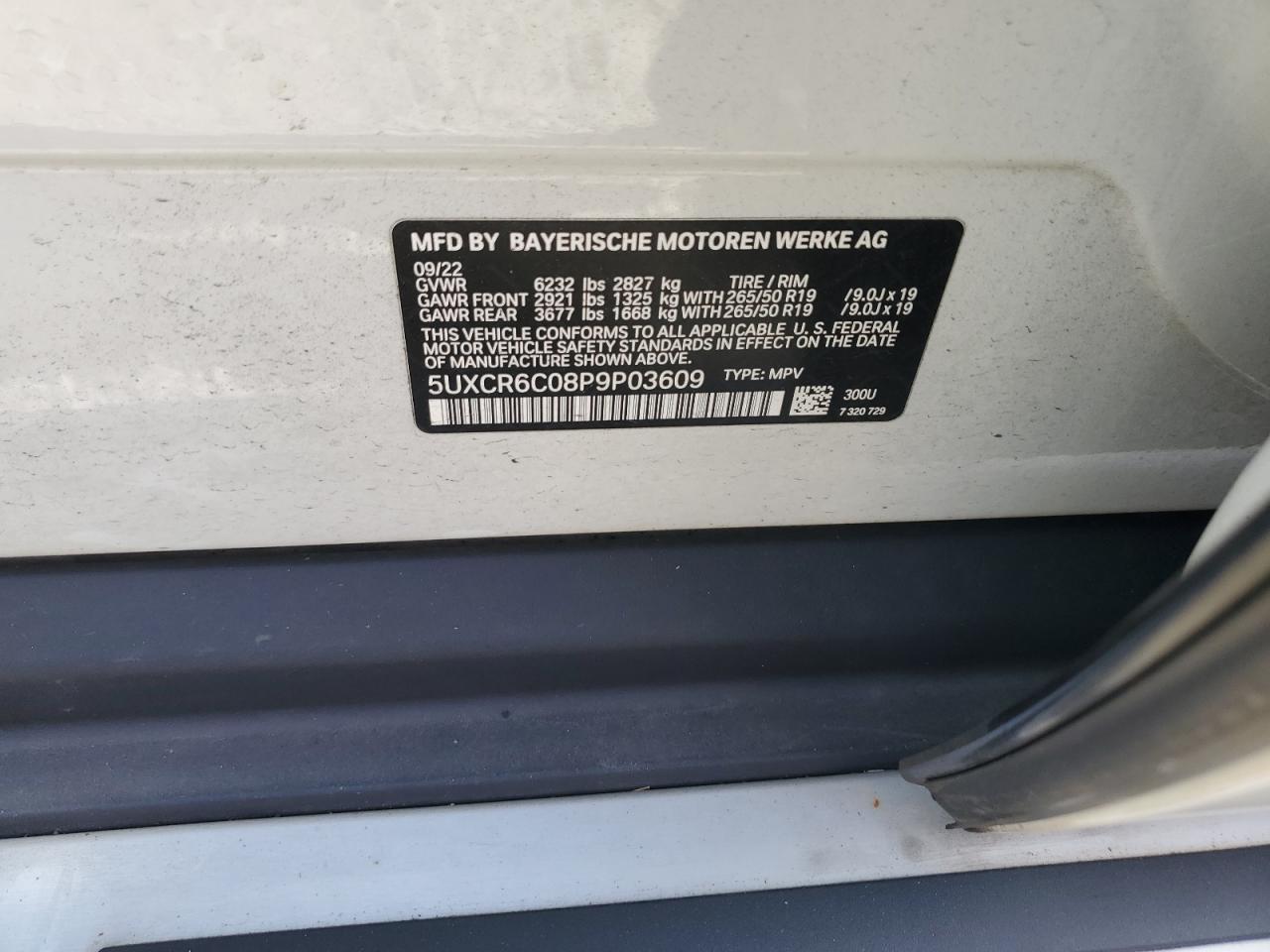 2023 BMW X5 XDRIVE40I VIN:5UXCR6C08P9P03609