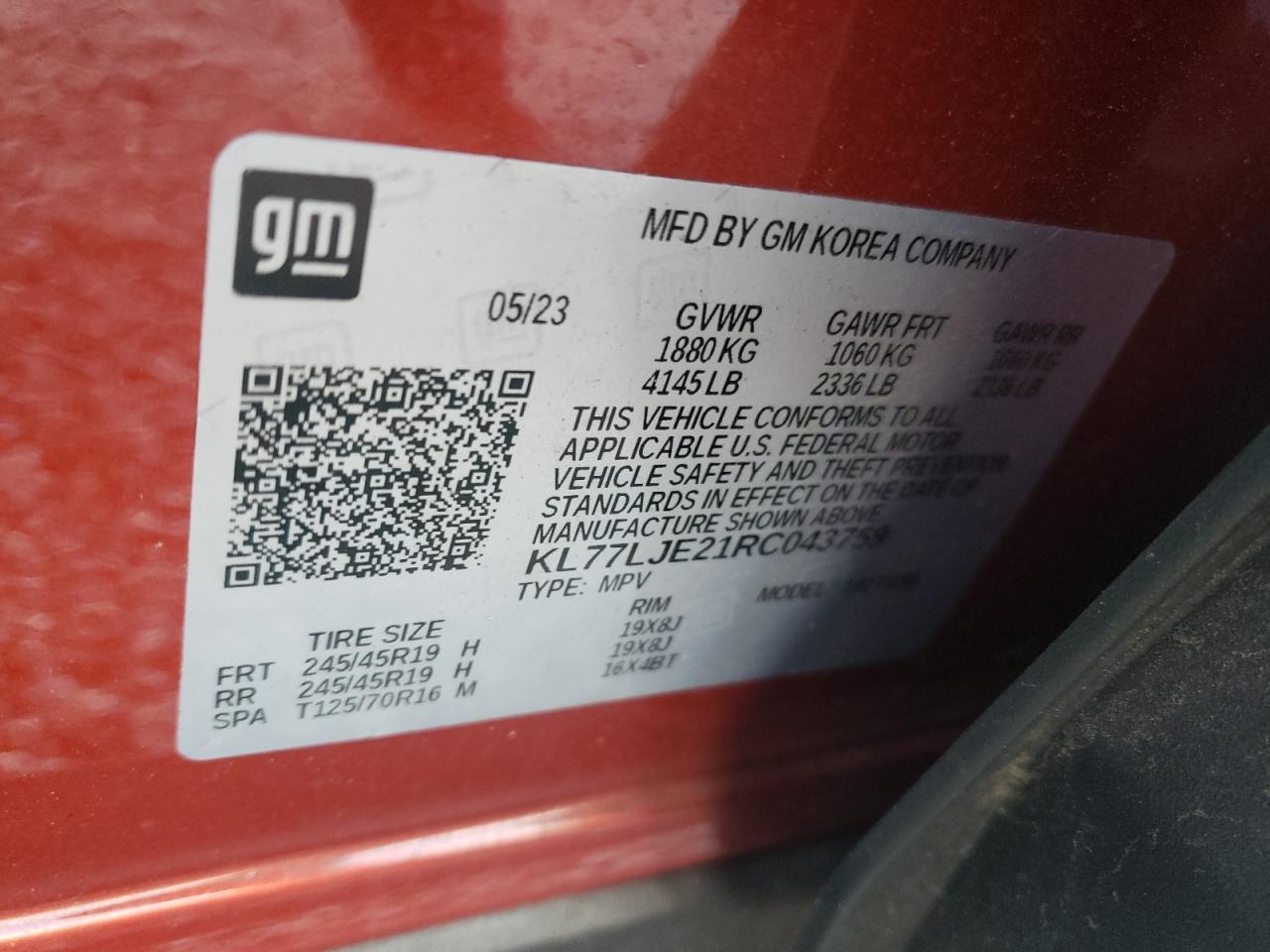 2024 CHEVROLET TRAX 2RS VIN:KL77LJE21RC043759