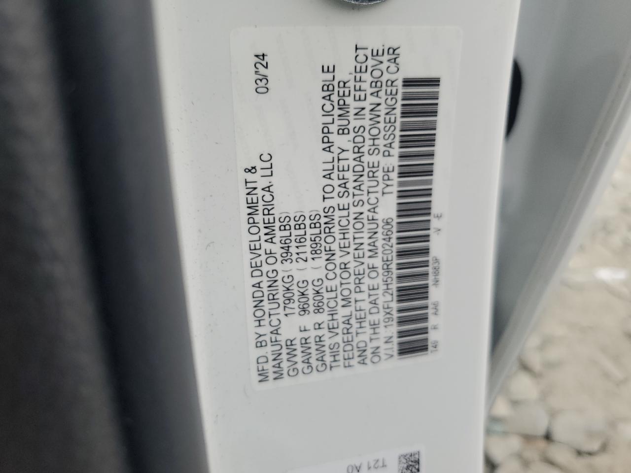 2024 HONDA CIVIC LX VIN:19XFL2H59RE024606