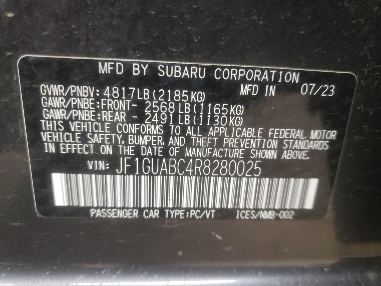 2024 SUBARU IMPREZA  VIN:JF1GUABC4R8280025