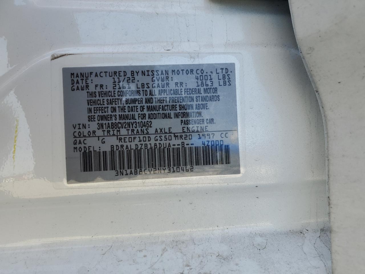 2022 NISSAN SENTRA SV VIN:3N1AB8CV2NY310462