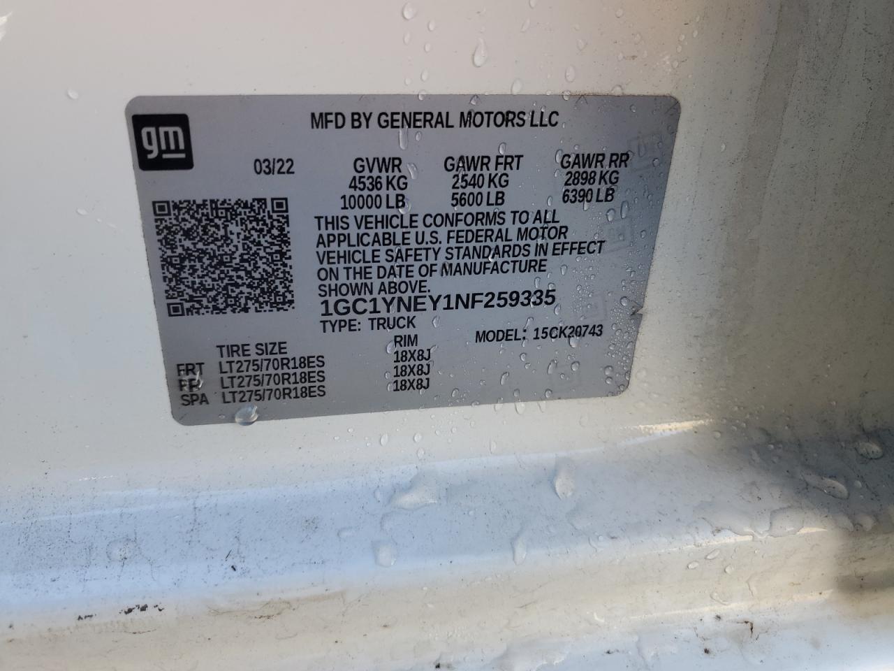 2022 CHEVROLET SILVERADO K2500 HEAVY DUTY LT VIN:1GC1YNEY1NF259335