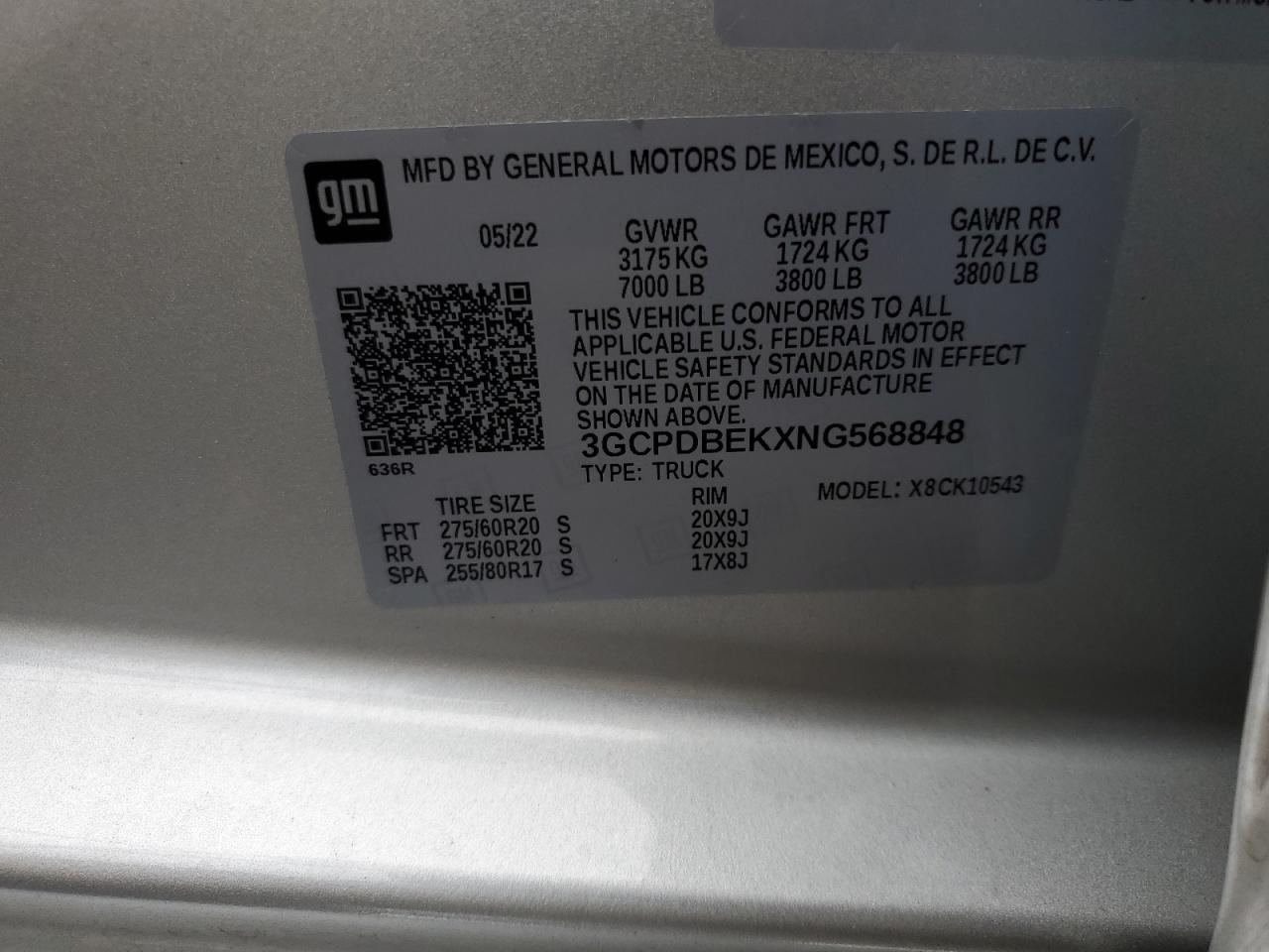 2022 CHEVROLET SILVERADO K1500 CUSTOM VIN:3GCPDBEKXNG568848