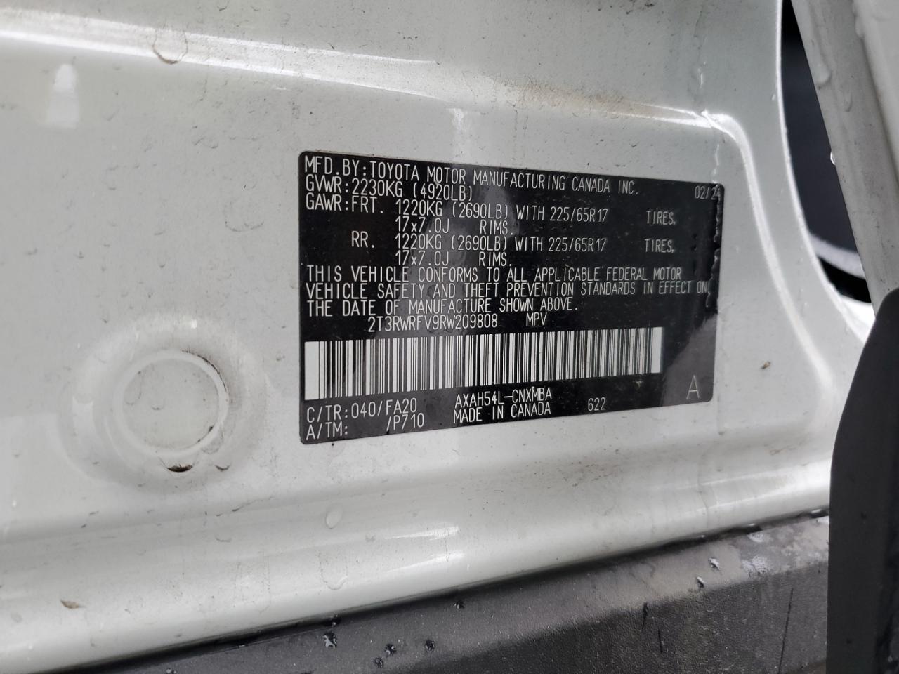 2024 TOYOTA RAV4 XLE VIN:2T3RWRFV9RW209808