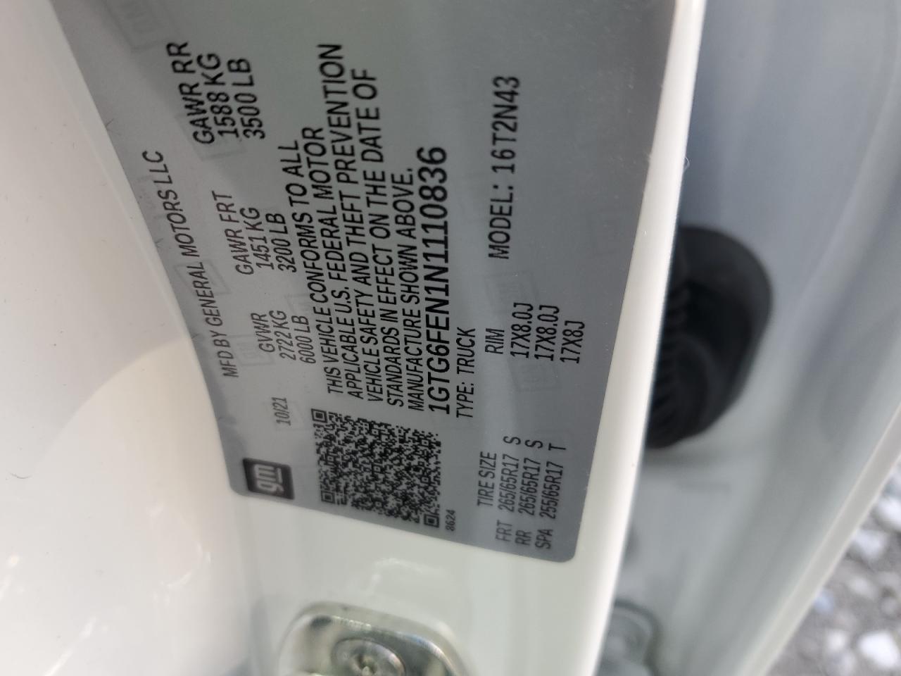2022 GMC CANYON AT4 VIN:1GTG6FEN1N1110836