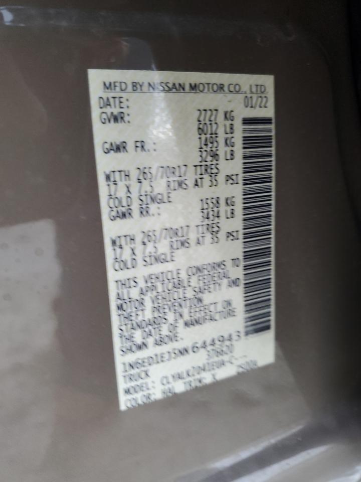 2022 NISSAN FRONTIER S VIN:1N6ED1EJ5NN644943