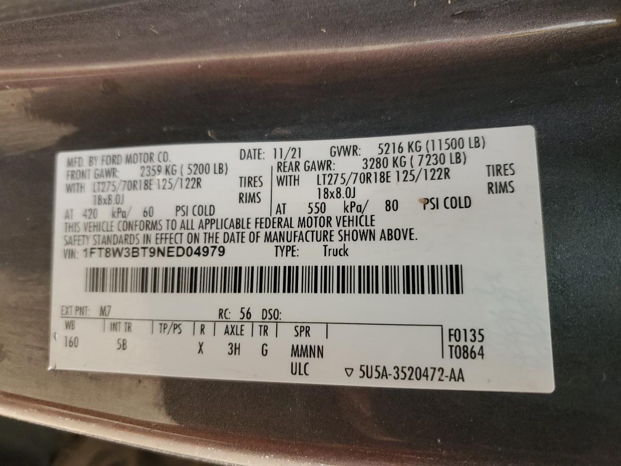 2022 FORD F350 SUPER DUTY VIN:1FT8W3BT9NED04979
