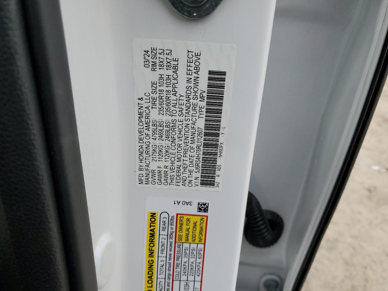2024 HONDA CR-V EXL VIN:5J6RS4H78RL012607