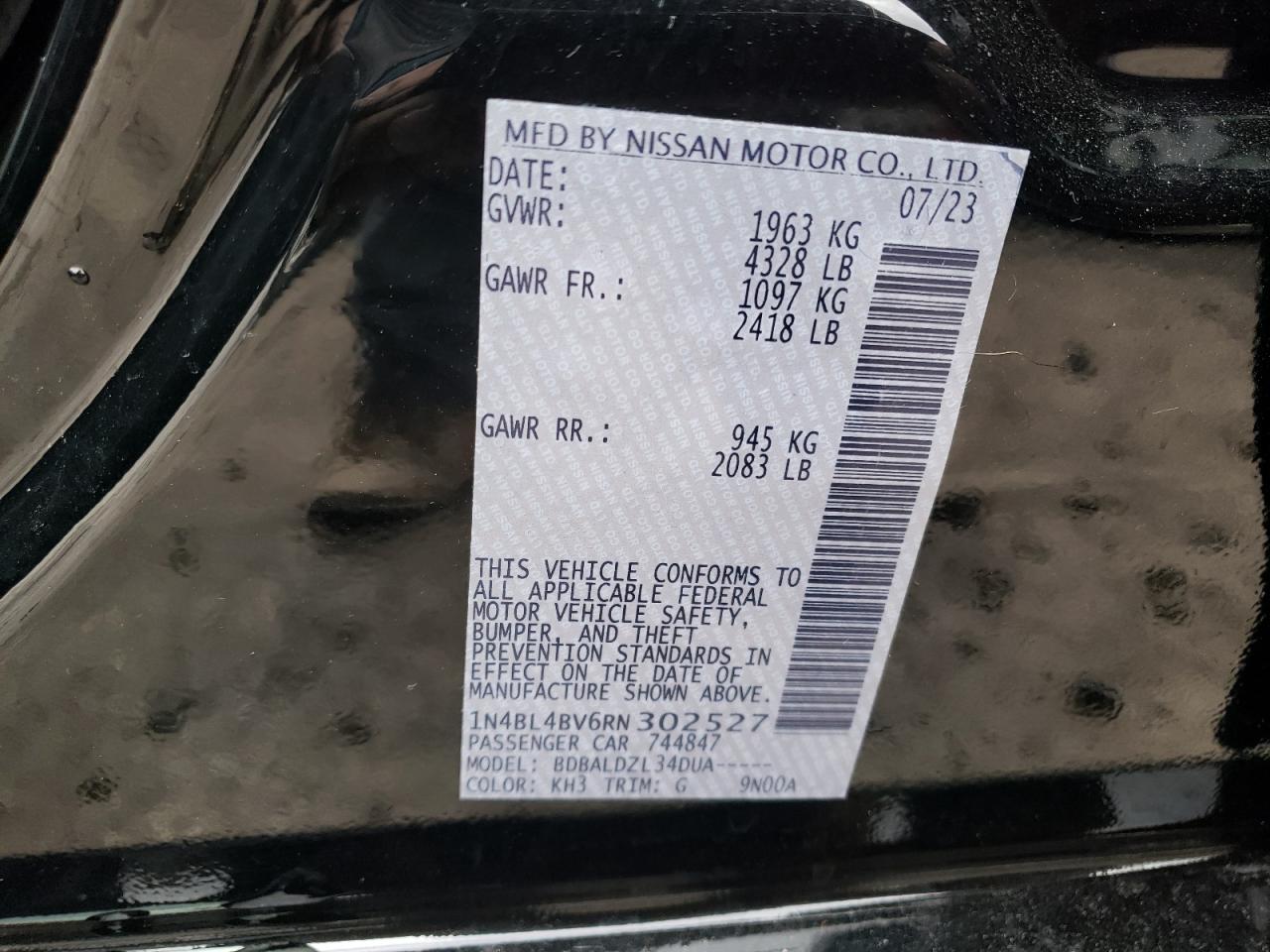 2024 NISSAN ALTIMA S VIN:1N4BL4BV6RN302527