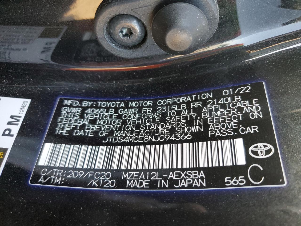 2022 TOYOTA COROLLA SE VIN:JTDS4MCE8NJ094366