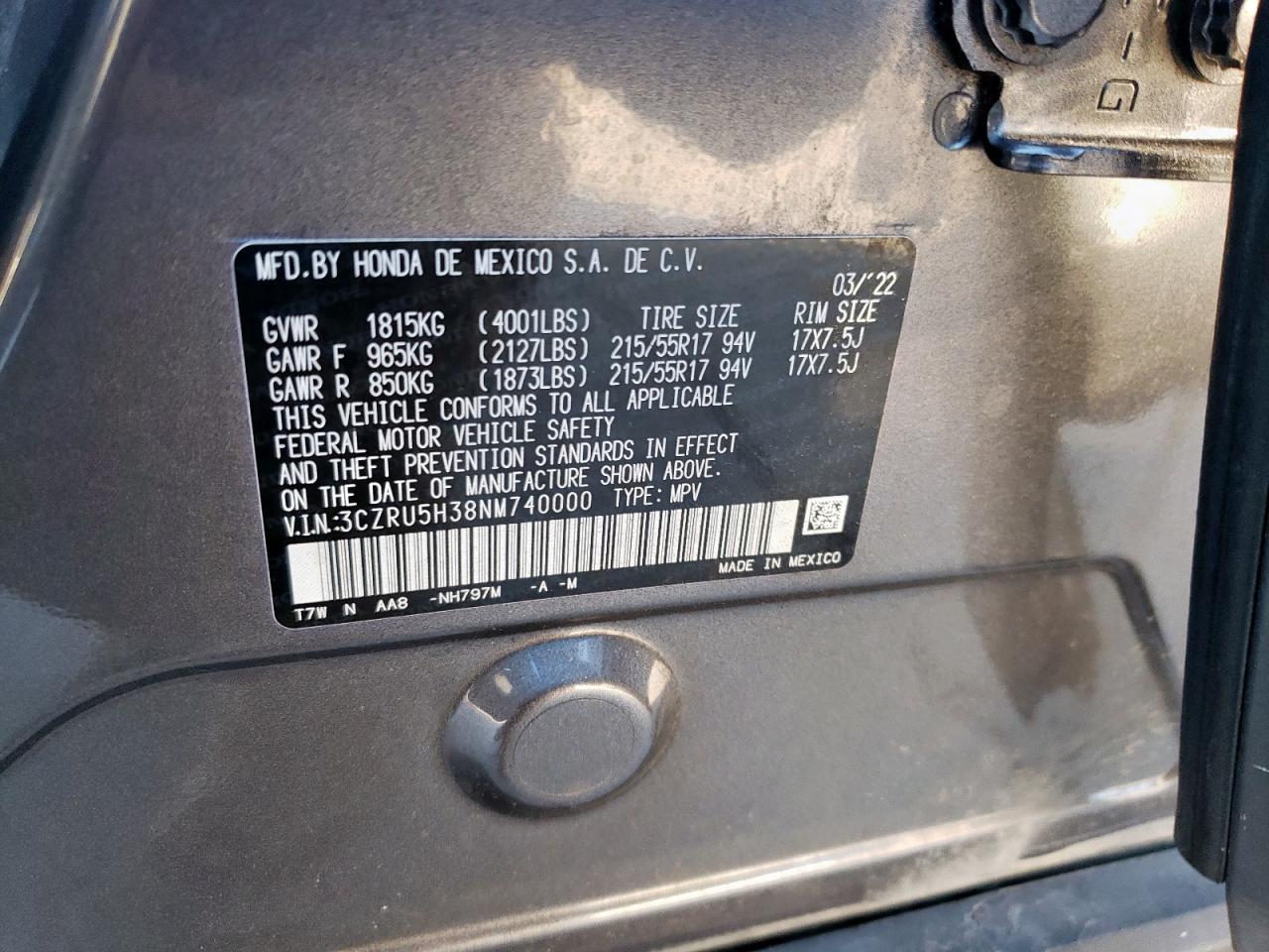 2022 HONDA HR-V LX VIN:3CZRU5H38NM740000