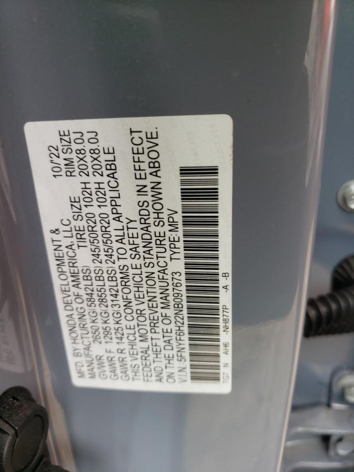 2022 HONDA PILOT SE VIN:5FNYF6H22NB097673