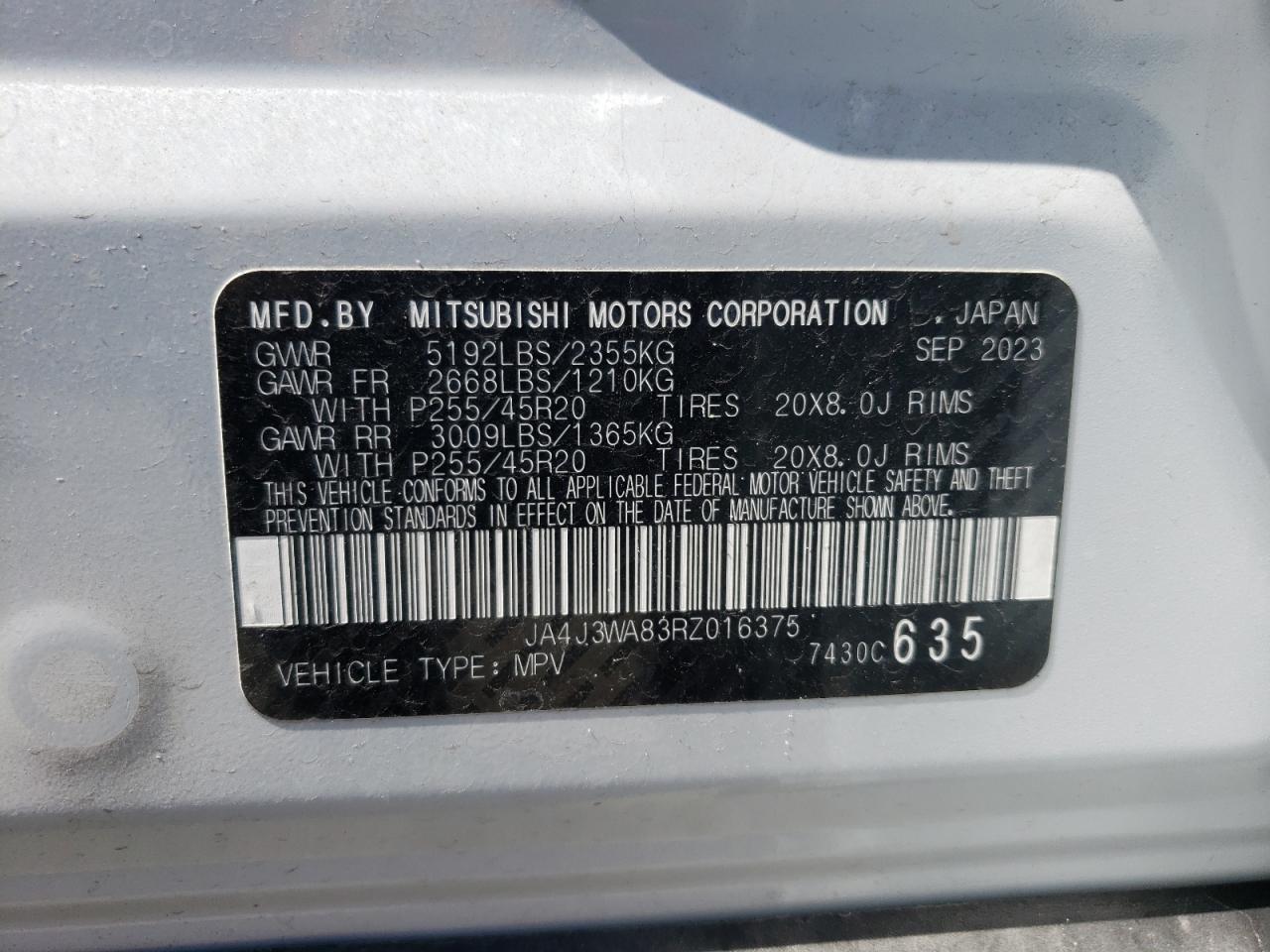 2024 MITSUBISHI OUTLANDER SEL VIN:JA4J3WA83RZ016375