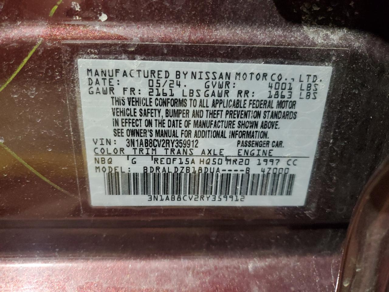 2024 NISSAN SENTRA SV VIN:3N1AB8CV2RY359912