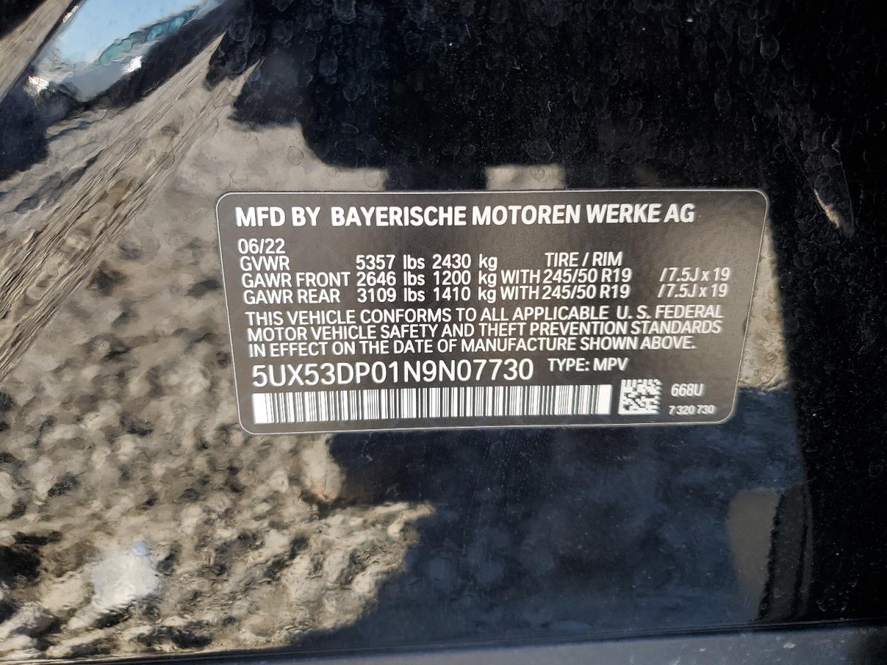 2022 BMW X3 XDRIVE30I VIN:5UX53DP01N9N07730