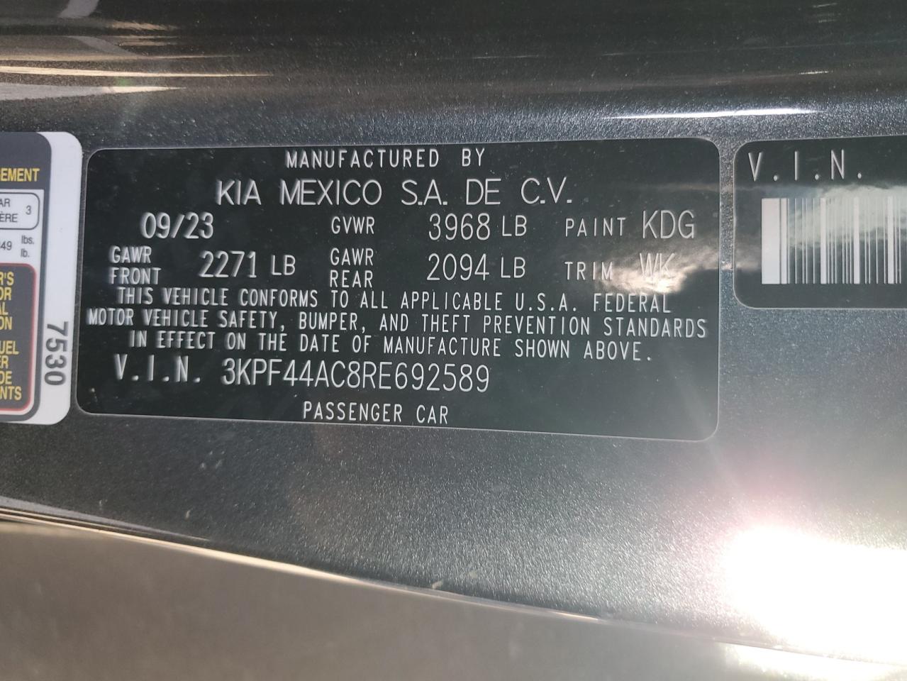 2024 KIA FORTE GT VIN:3KPF44AC8RE692589