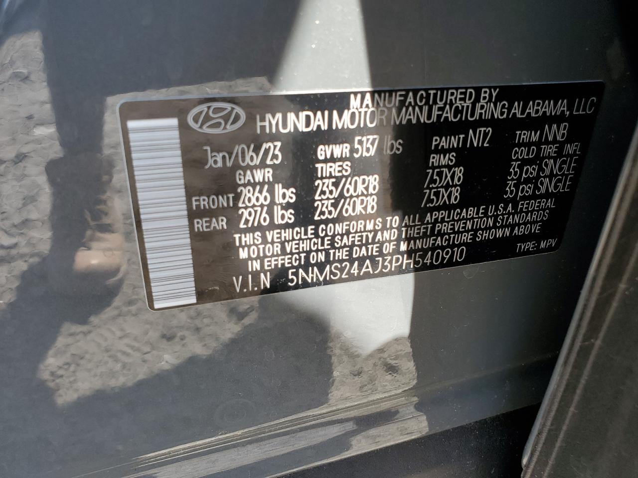 2023 HYUNDAI SANTA FE SEL VIN:5NMS24AJ3PH540910