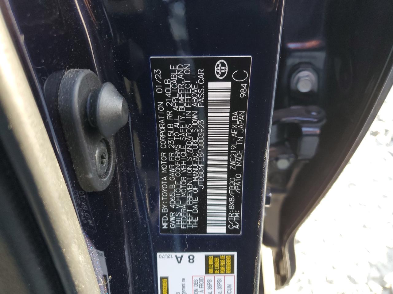 2023 TOYOTA COROLLA LE VIN:JTDBCMFE8PJ003923