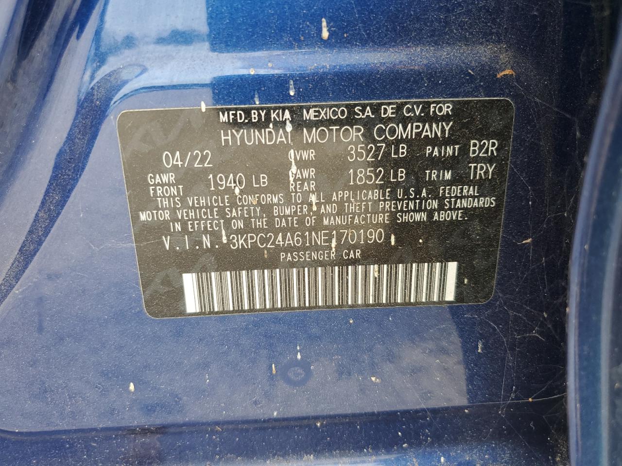 2022 HYUNDAI ACCENT SE VIN:3KPC24A61NE170190