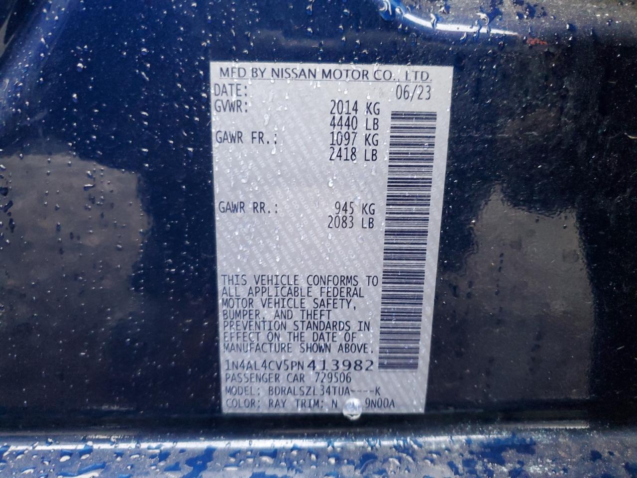 2023 NISSAN ALTIMA SR VIN:1N4AL4CV5PN413982