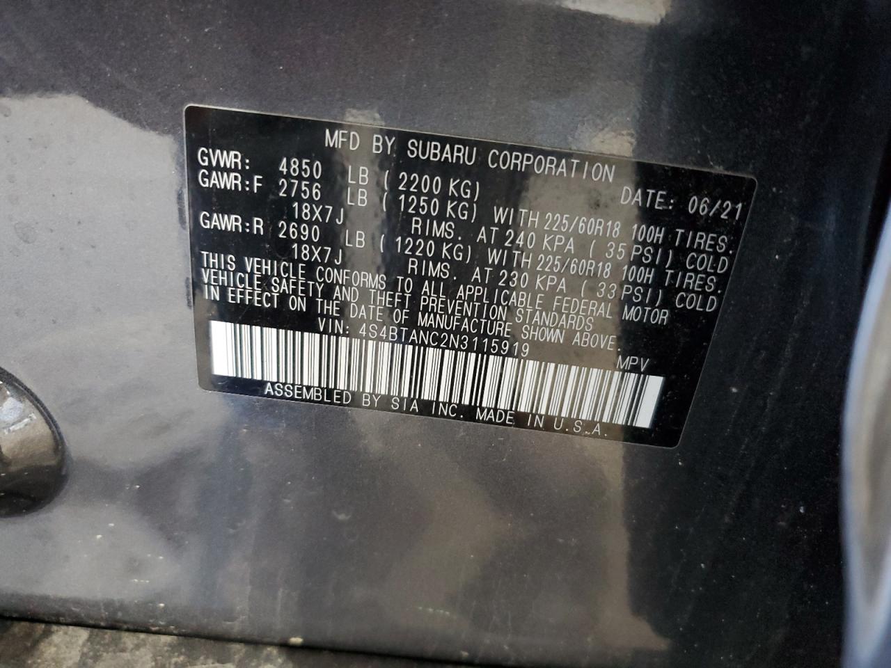 2022 SUBARU OUTBACK LIMITED VIN:4S4BTANC2N3115919