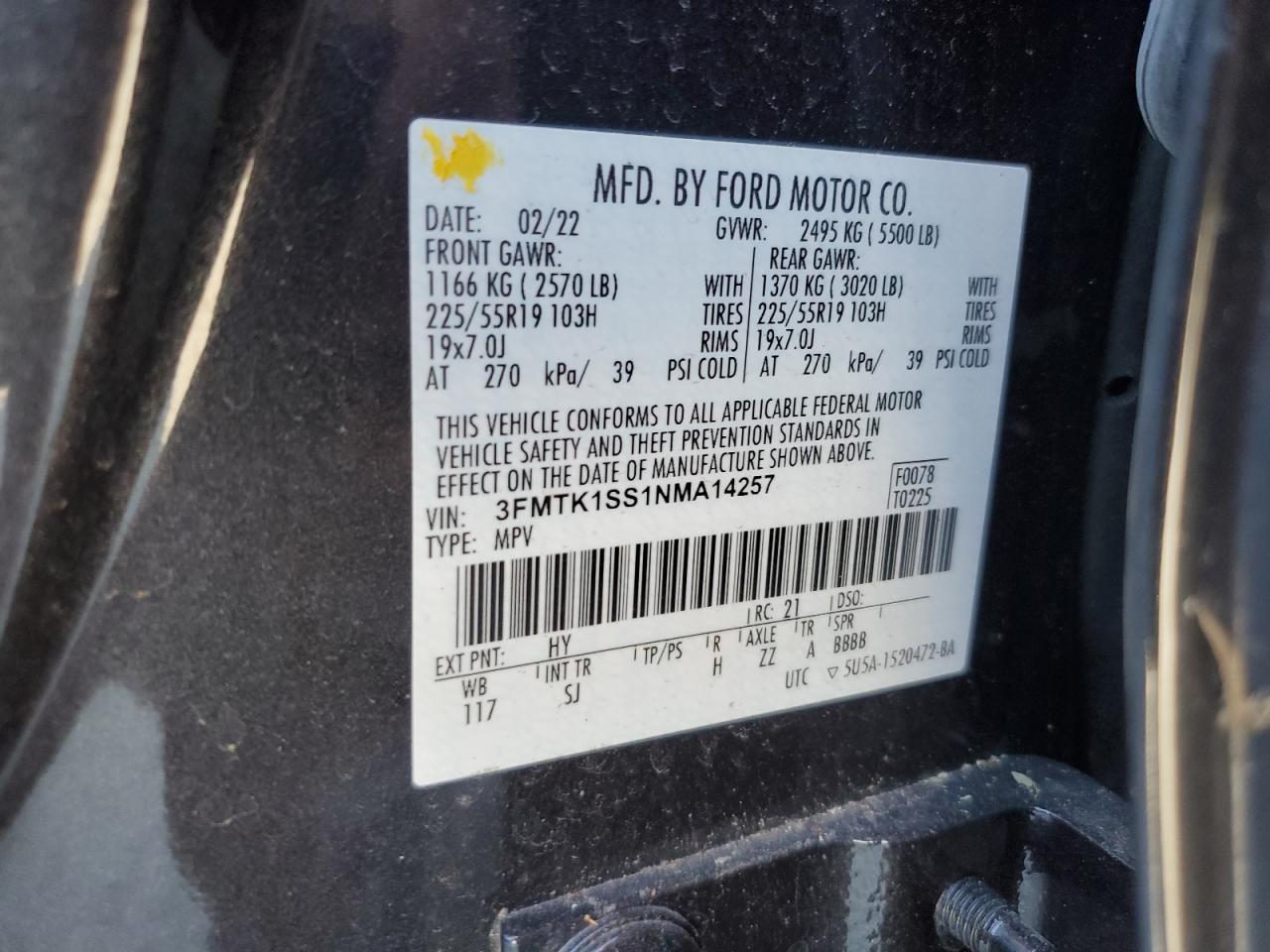 2022 FORD MUSTANG MACH-E SELECT VIN:3FMTK1SS1NMA14257