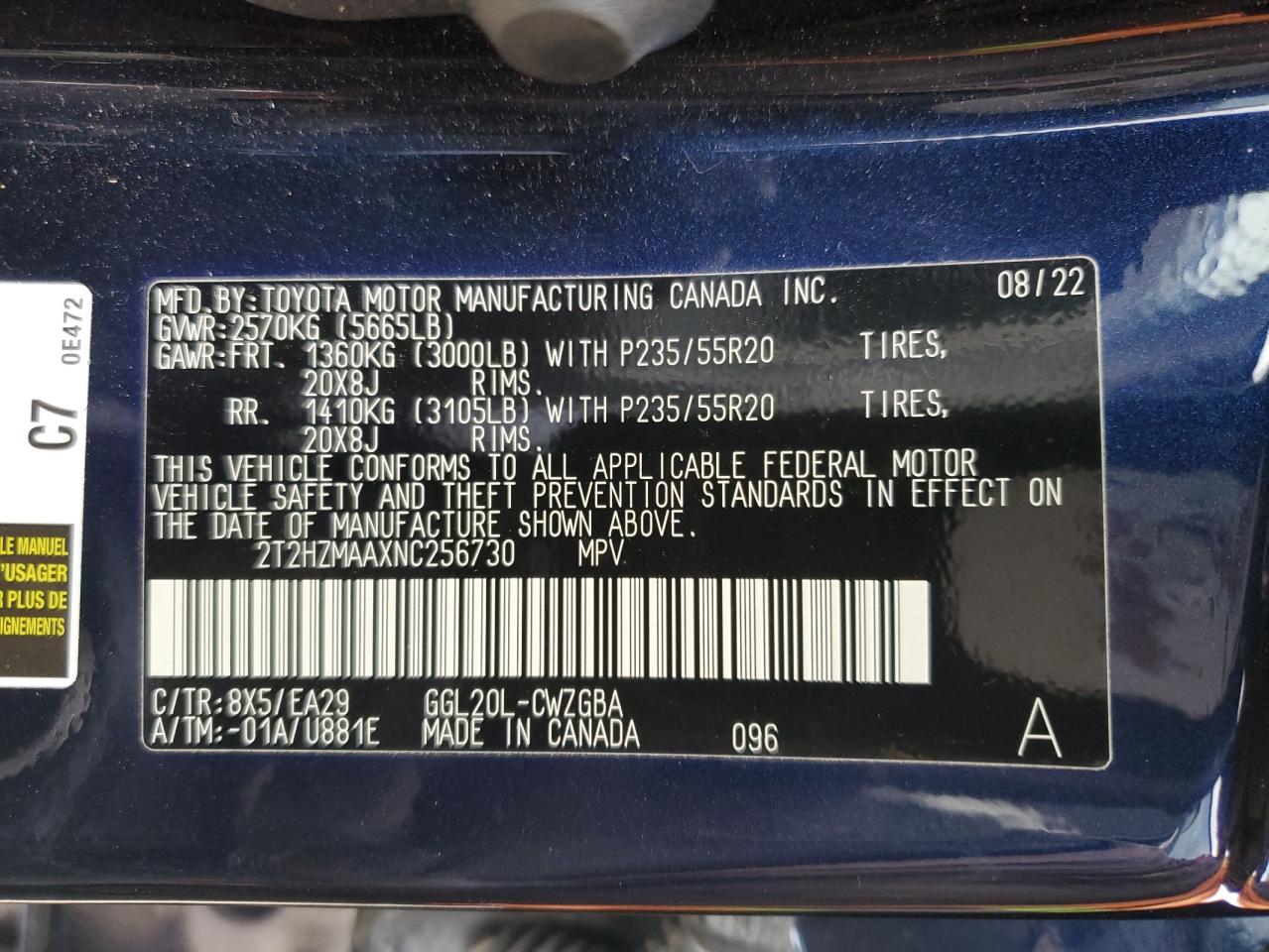 2022 LEXUS RX 350 VIN:2T2HZMAAXNC256730