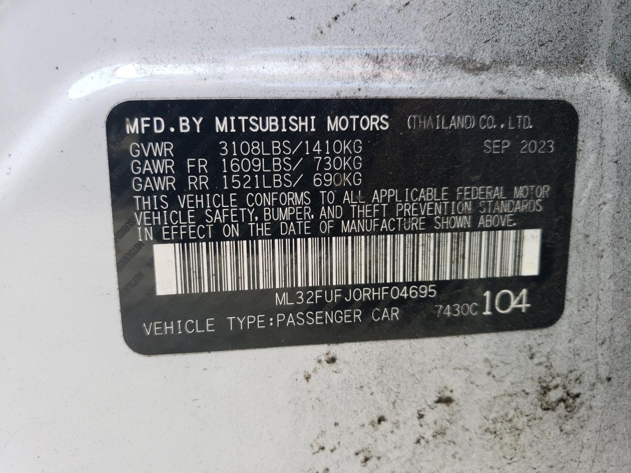 2024 MITSUBISHI MIRAGE G4 ES VIN:ML32FUFJ0RHF04695