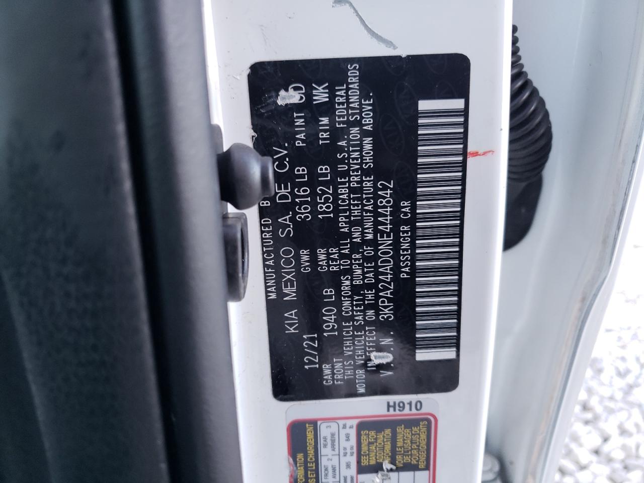 2022 KIA RIO LX VIN:3KPA24AD0NE444842