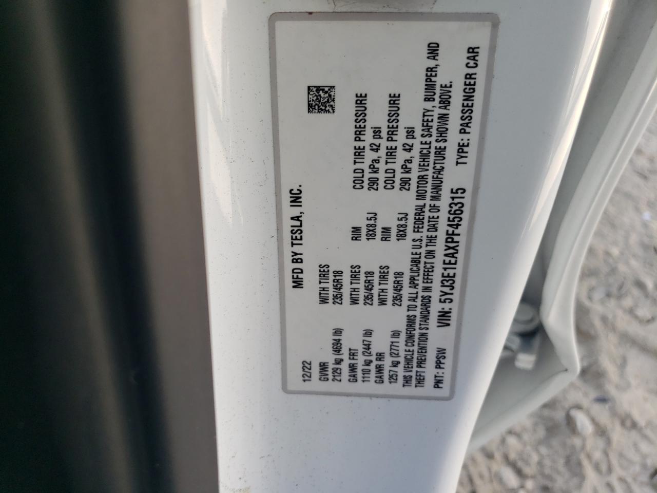 2023 TESLA MODEL 3  VIN:5YJ3E1EAXPF456315
