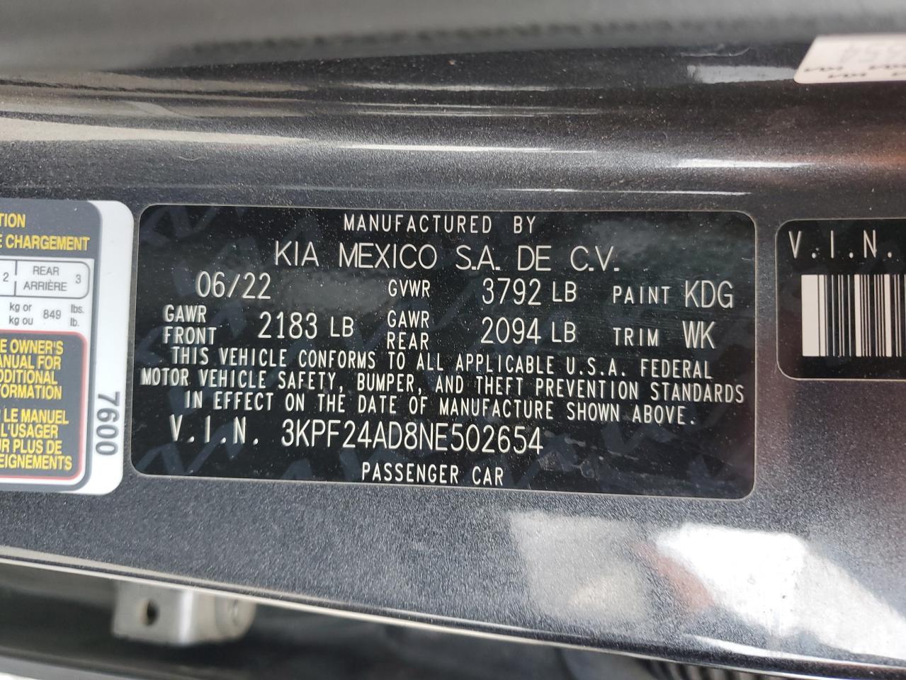 2022 KIA FORTE FE VIN:3KPF24AD8NE502654