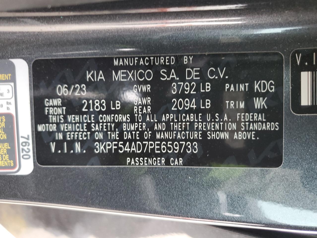 2023 KIA FORTE GT LINE VIN:3KPF54AD7PE659733