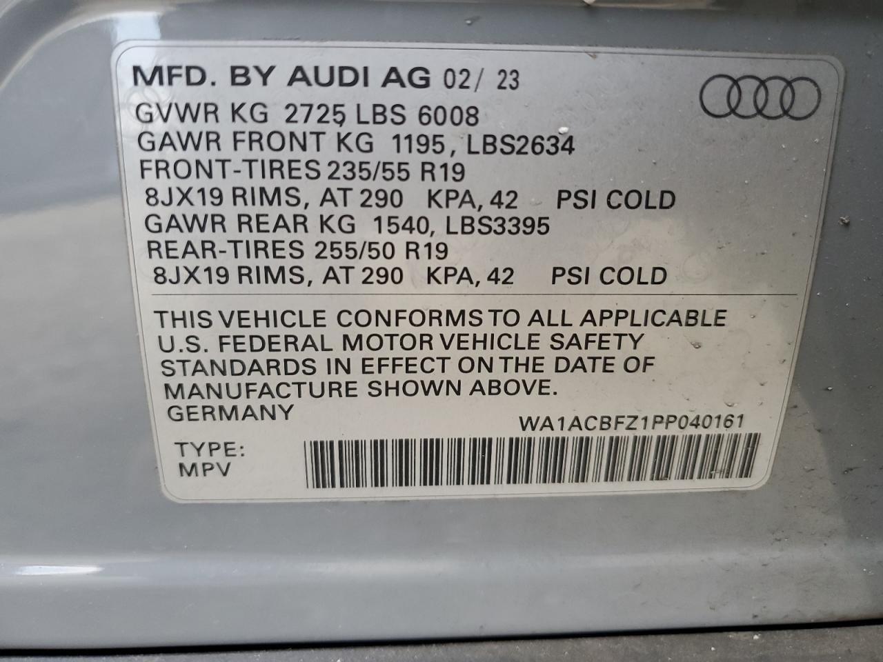 2023 AUDI Q4 E-TRON PREMIUM VIN:WA1ACBFZ1PP040161