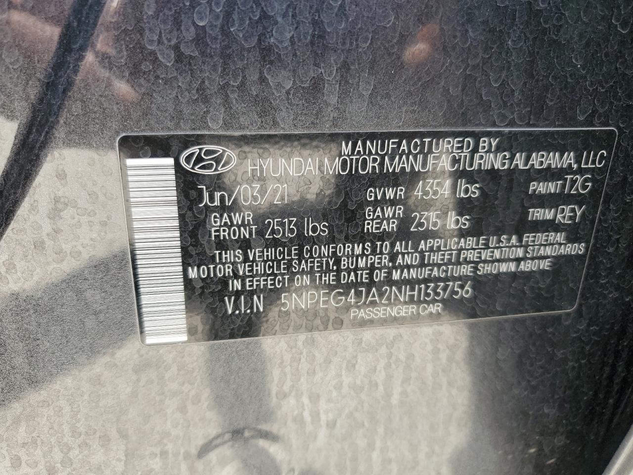 2022 HYUNDAI SONATA SE VIN:5NPEG4JA2NH133756