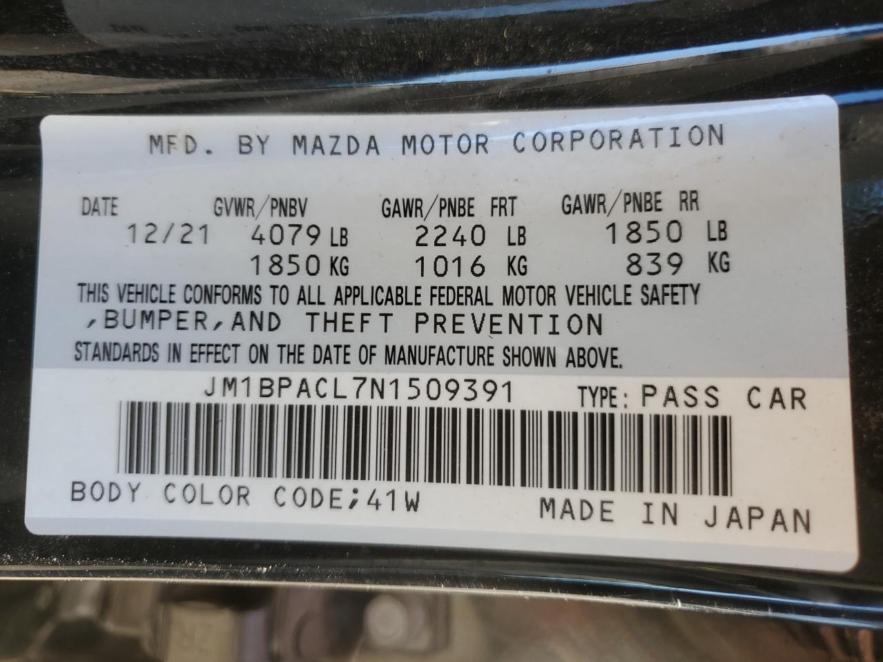 2022 MAZDA 3 PREFERRED VIN:JM1BPACL7N1509391