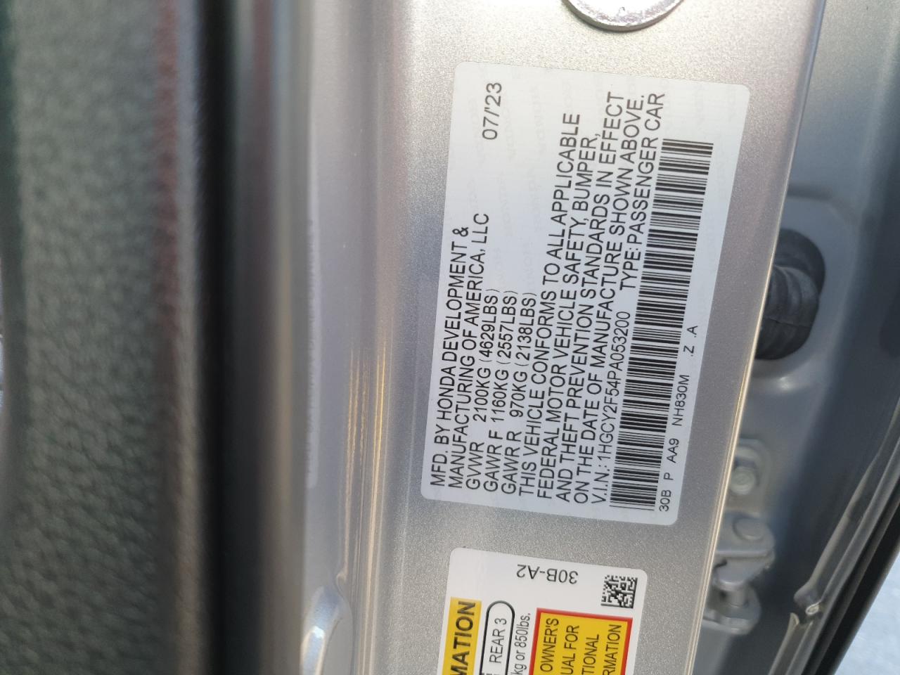 2023 HONDA ACCORD HYBRID SPORT VIN:1HGCY2F54PA053200