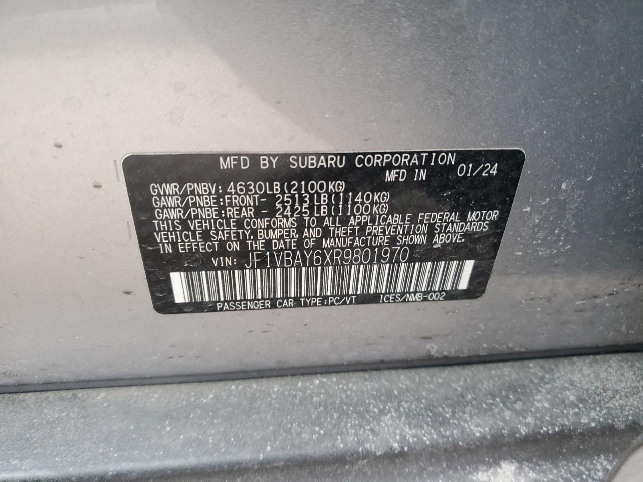 2024 SUBARU WRX TR VIN:JF1VBAY6XR9801970