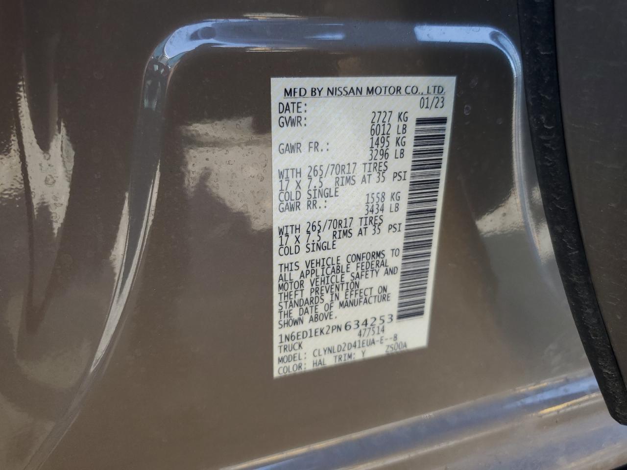 2023 NISSAN FRONTIER S VIN:1N6ED1EK2PN634253