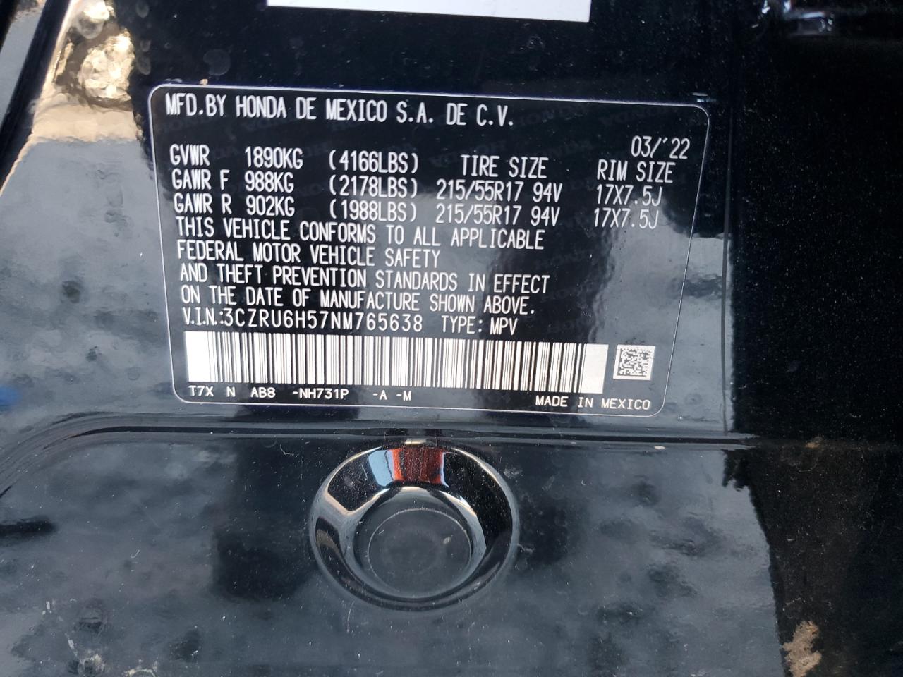 2022 HONDA HR-V EX VIN:3CZRU6H57NM765638