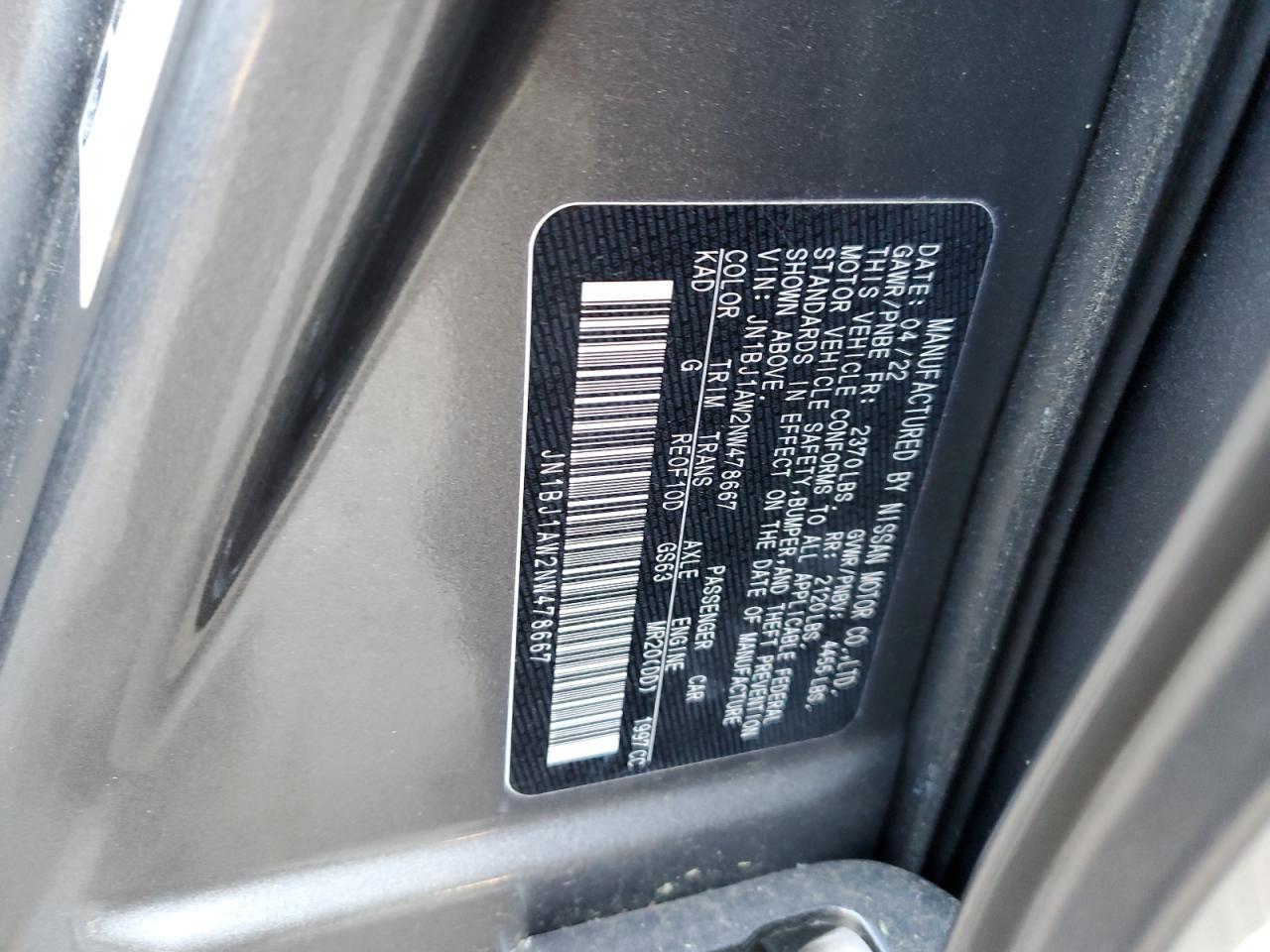 2022 NISSAN ROGUE SPORT S VIN:JN1BJ1AW2NW478667