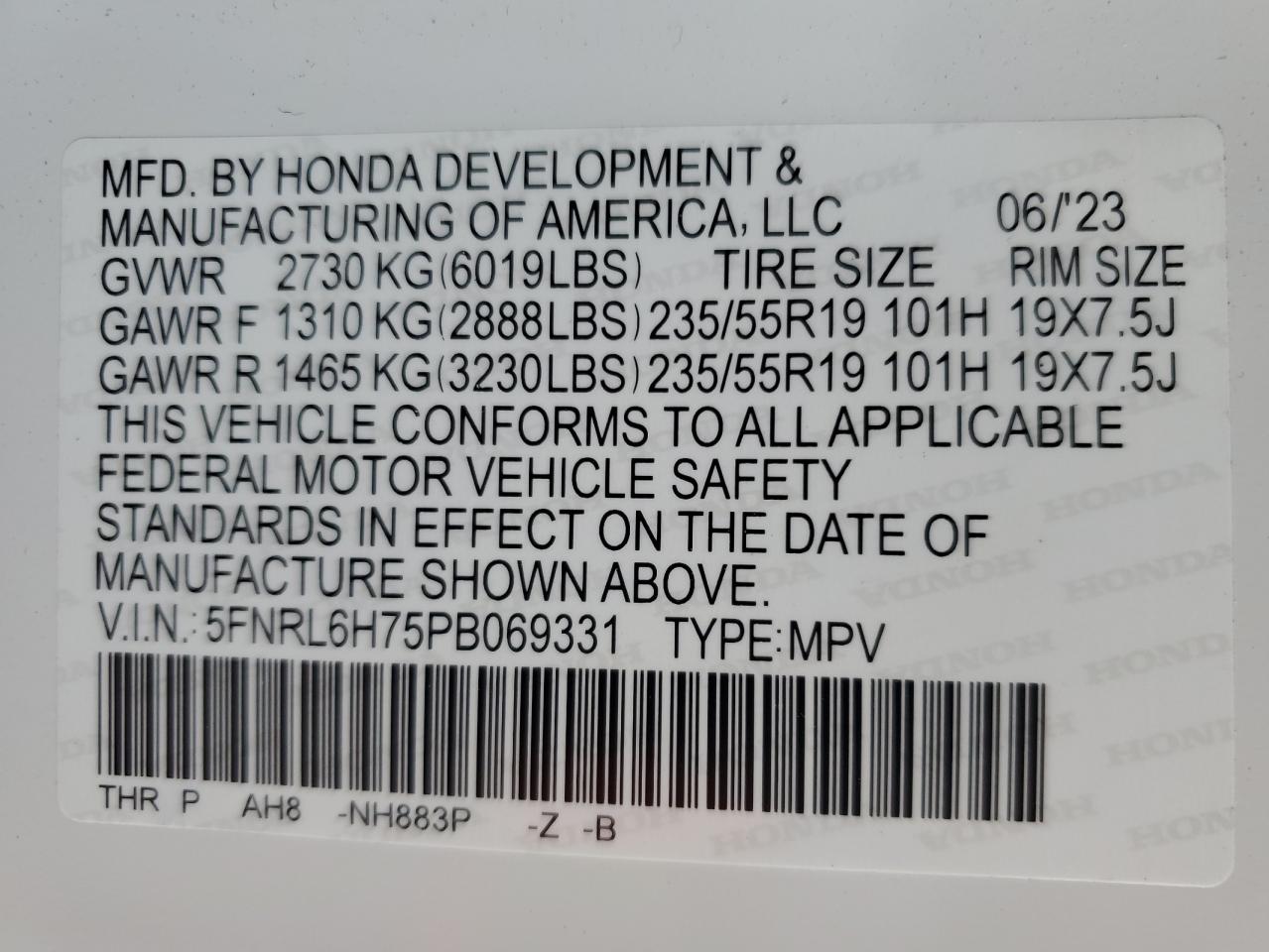 2023 HONDA ODYSSEY SPORT-L VIN:5FNRL6H75PB069331