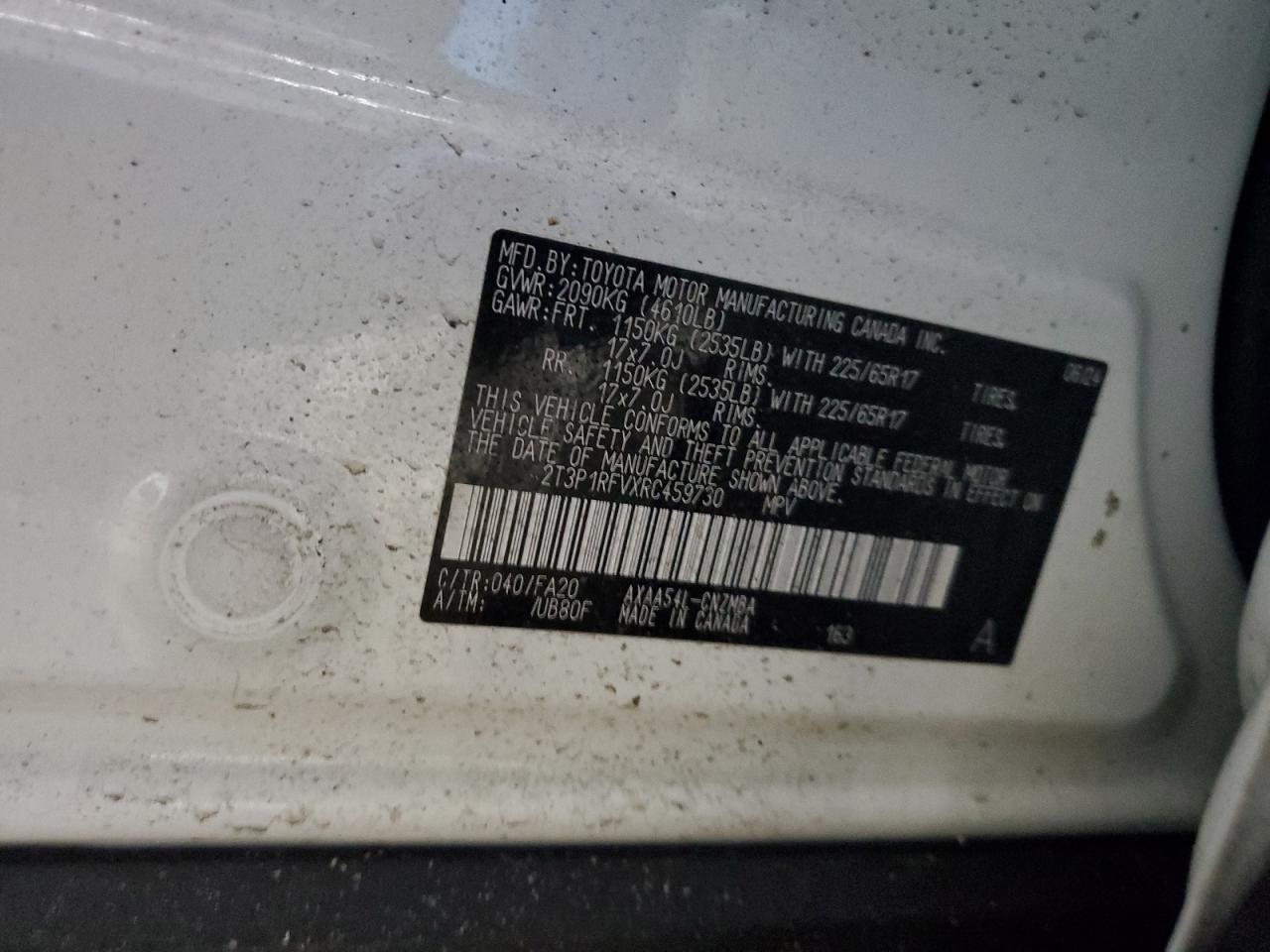 2024 TOYOTA RAV4 XLE VIN:2T3P1RFVXRC459730