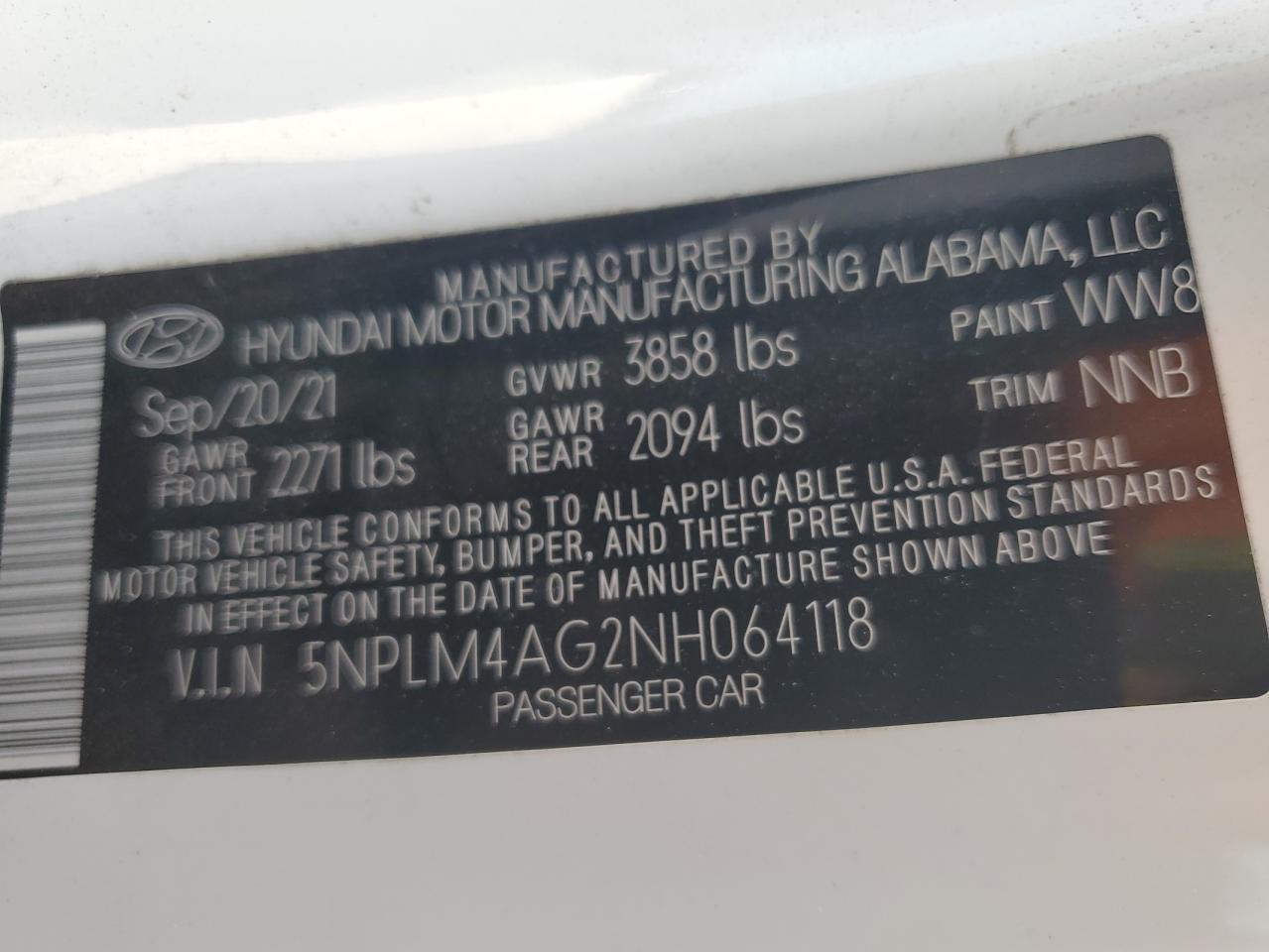 2022 HYUNDAI ELANTRA SEL VIN:5NPLM4AG2NH064118