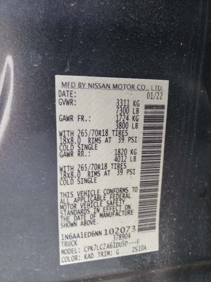 2022 NISSAN TITAN SV VIN:1N6AA1ED6NN102073