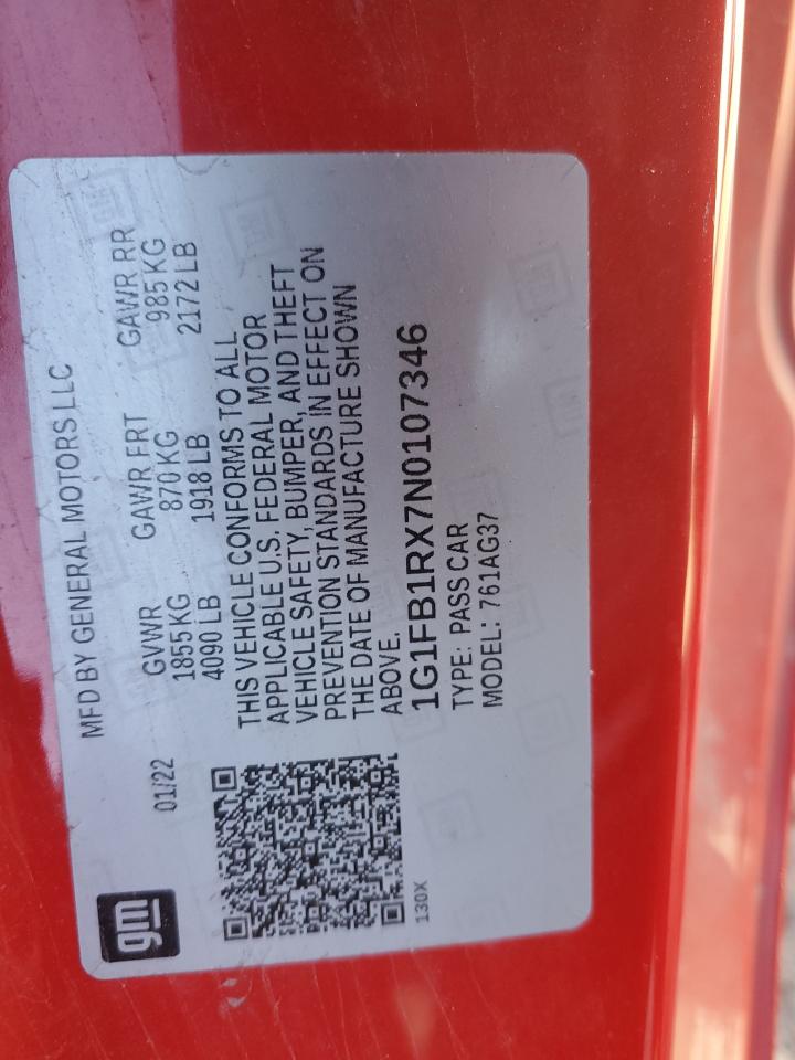 2022 CHEVROLET CAMARO LS VIN:1G1FB1RX7N0107346