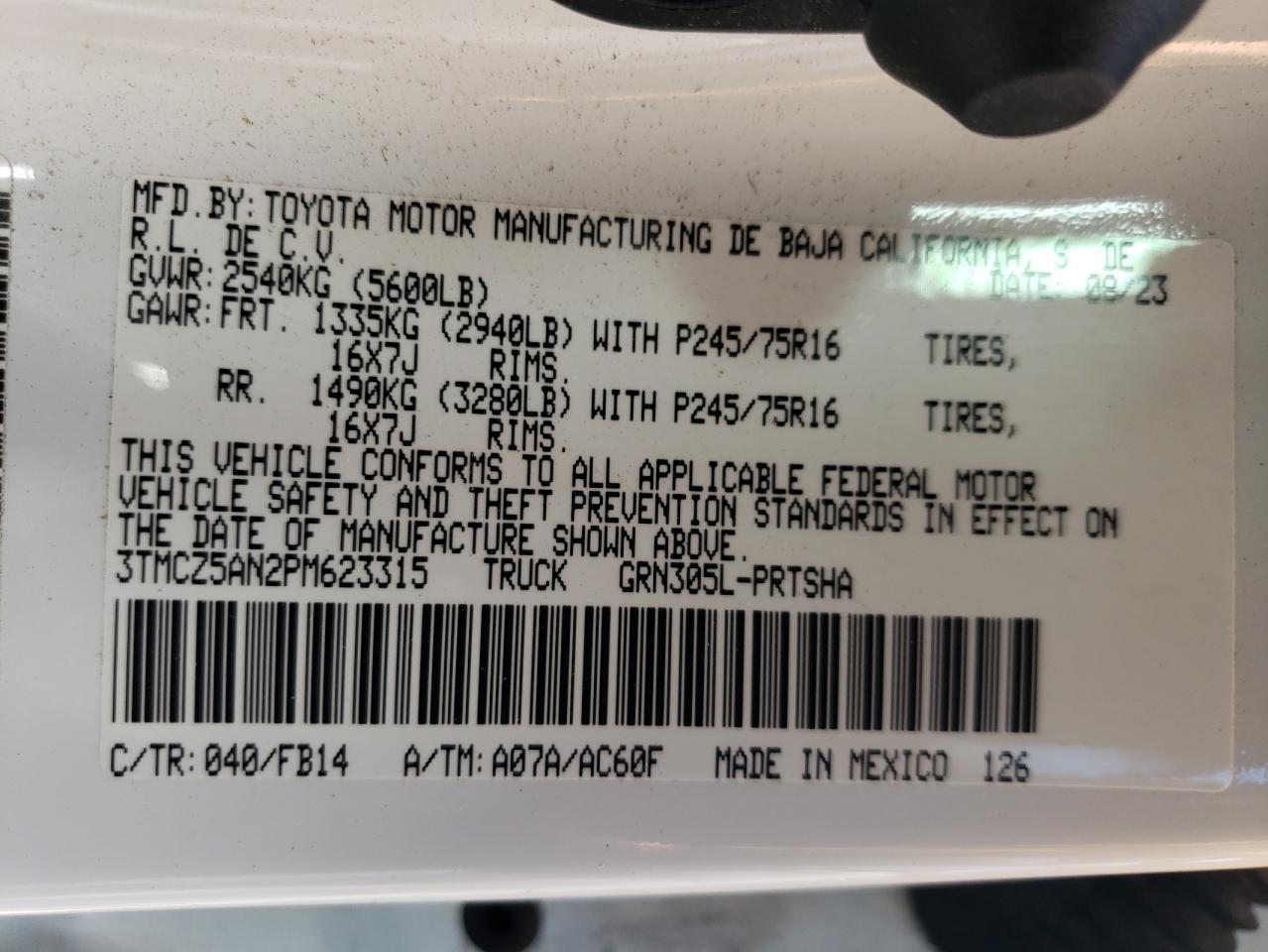 2023 TOYOTA TACOMA DOUBLE CAB VIN:3TMCZ5AN2PM623315