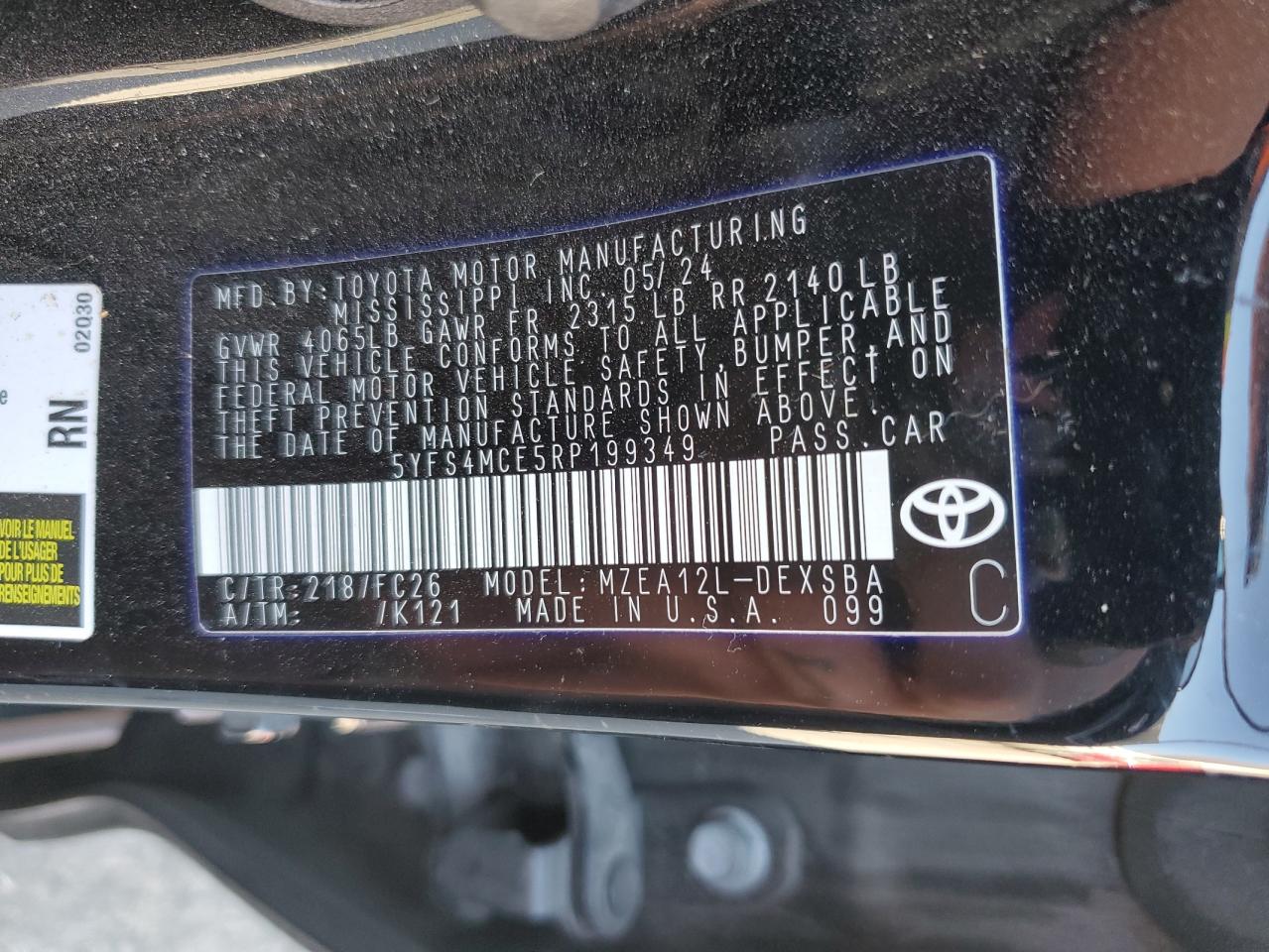 2024 TOYOTA COROLLA SE VIN:5YFS4MCE5RP199349