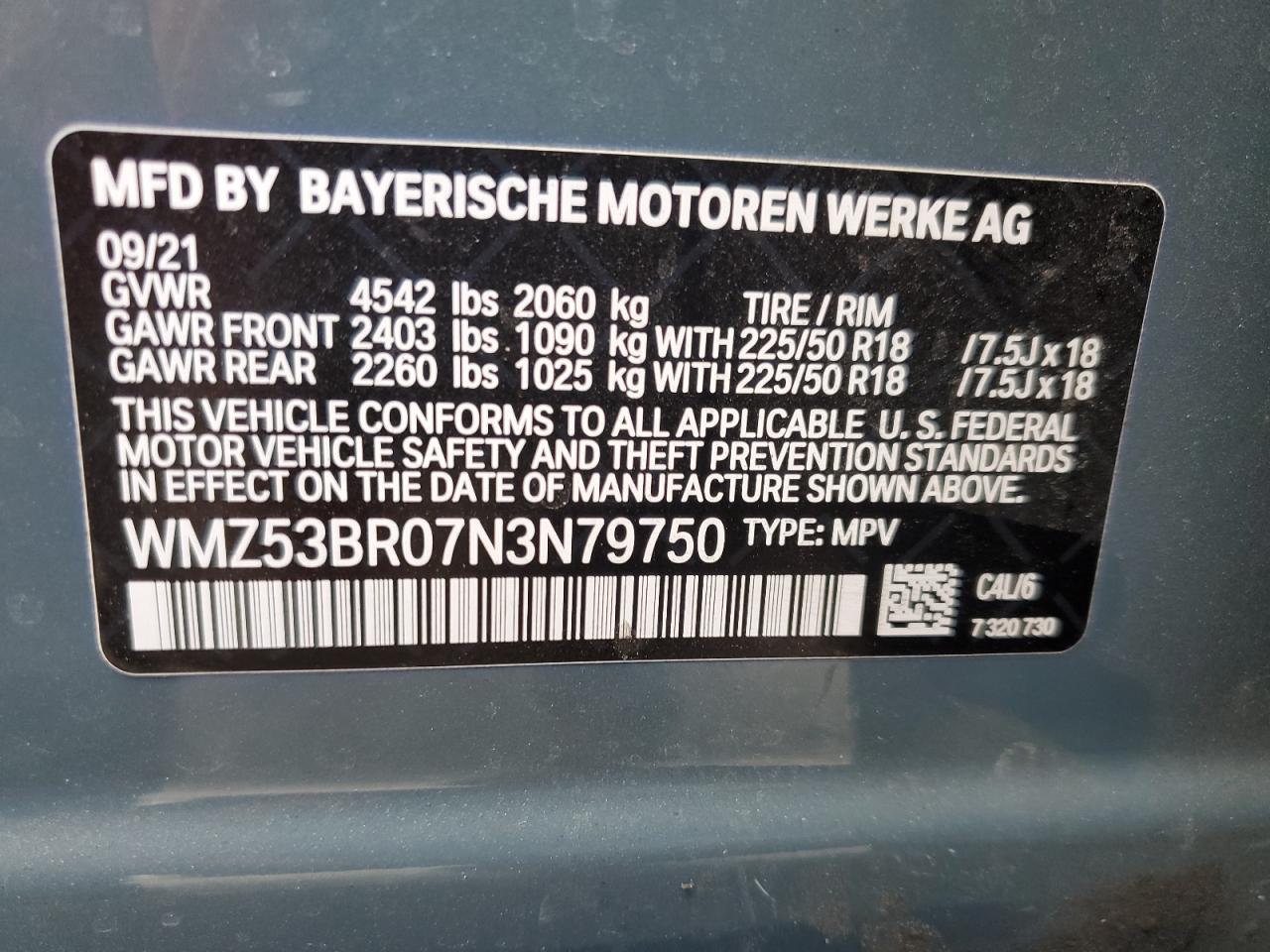 2022 MINI COOPER S COUNTRYMAN VIN:WMZ53BR07N3N79750