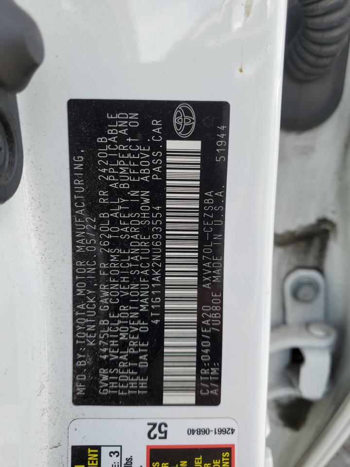 2022 TOYOTA CAMRY SE VIN:4T1G11AK2NU693554